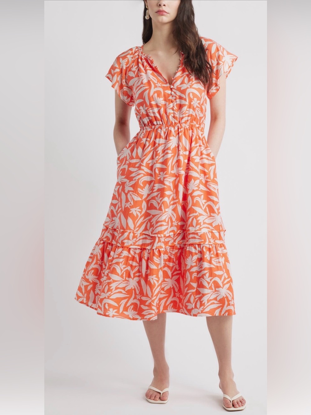 Caslon  Front Button Midi Dress coral floral tropical Hawaiian pockets XXL NWT